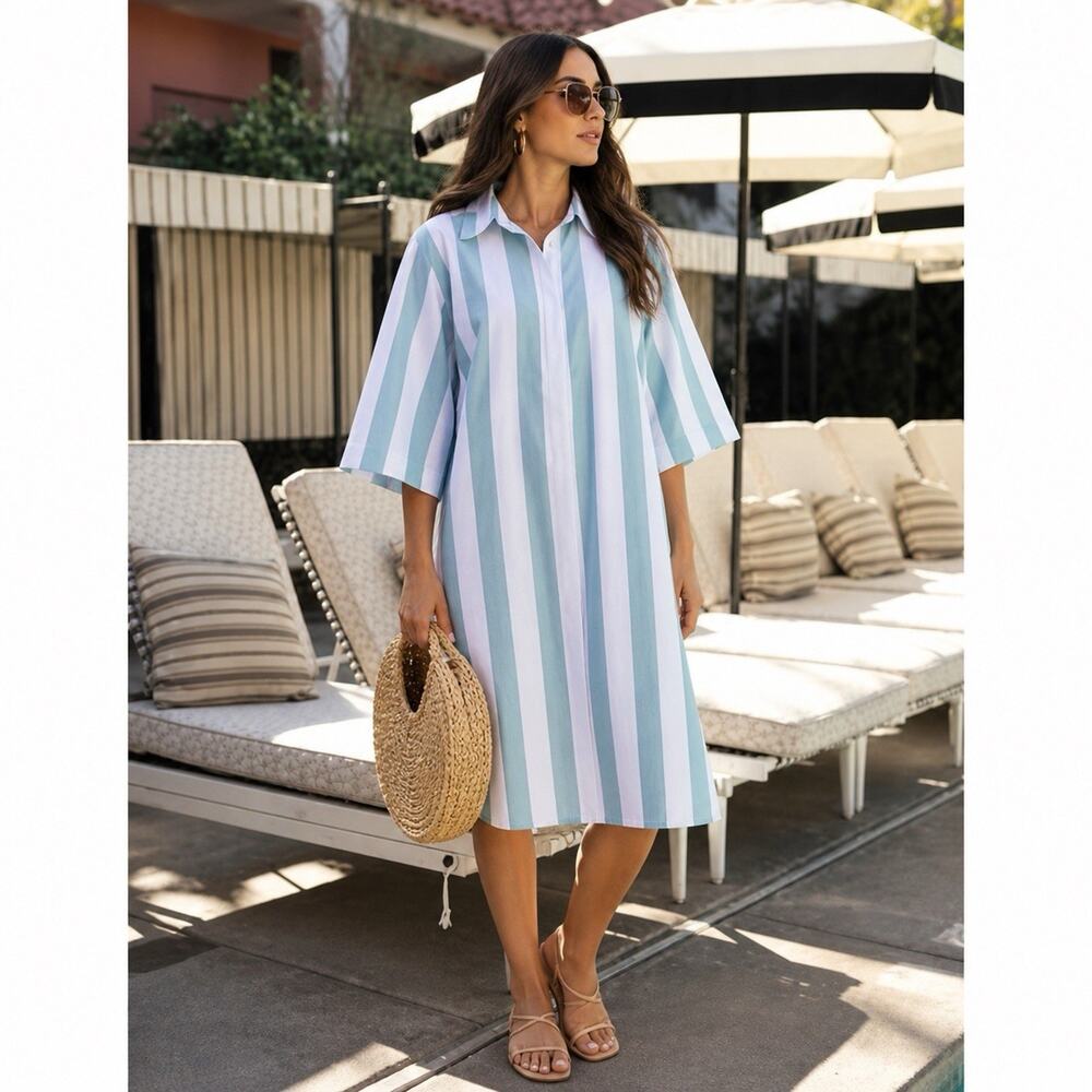 Atlantic Pacific x LAKE Blue White Striped Caftan Midi Dress Cover Up Womens Sm